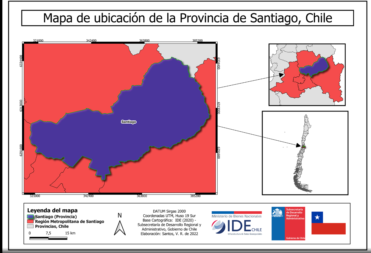Mapa geográfico de Santiago mostrando sua localização entre as cordilheiras
